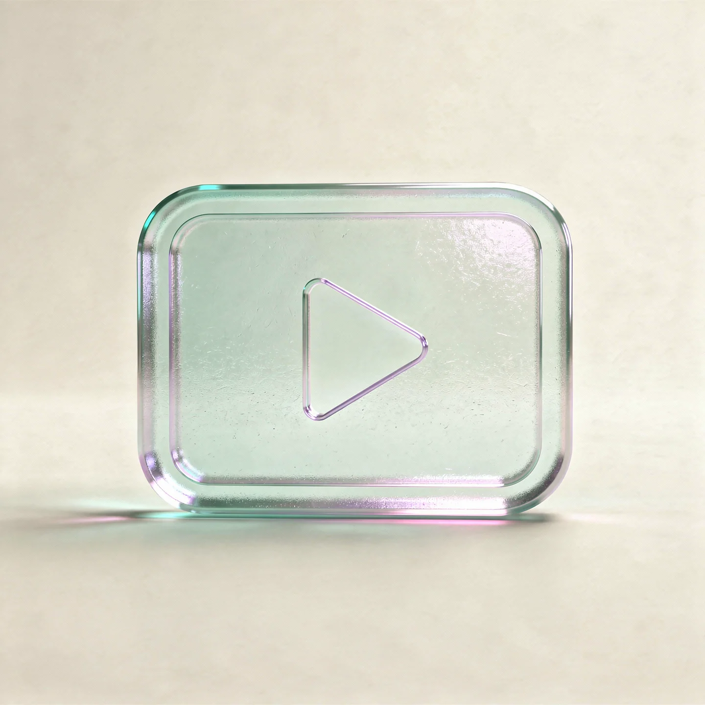 Holografisches Glas-Icon eines Videos-players mit Play-Symbol in einem Rahmen.