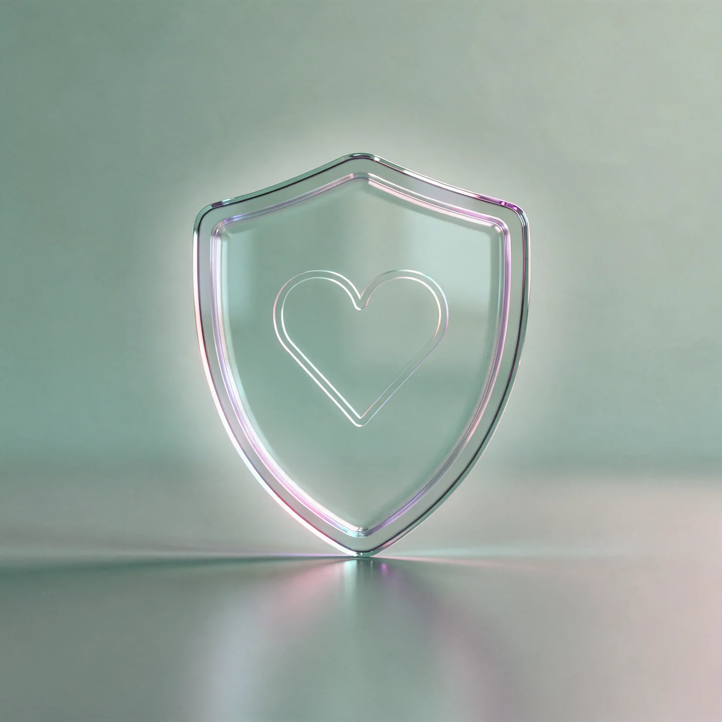 Holo-Glas-Icon:; Schild mit sanfter Herzlinir als Symbol für Sicherheit und Selbstschutz.