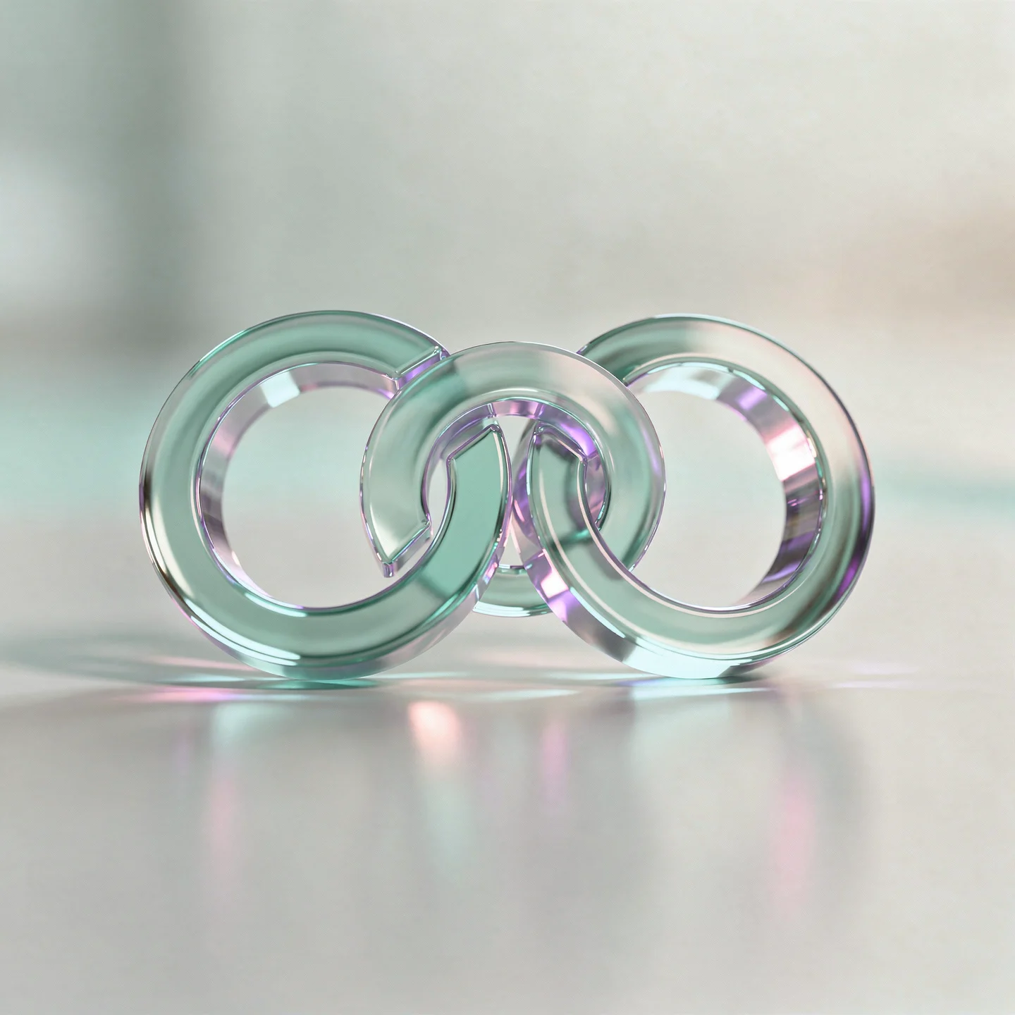 Holo-Glas-Icon: zwei verbundene Ringe mit sanfter Brücke als Symbol für Zugehörigkeit.