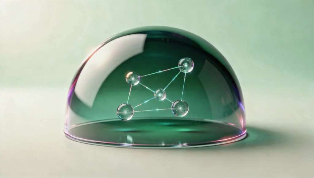 Holografische Illustration eines gechützten Raums über einem kleinen Netzwerk.