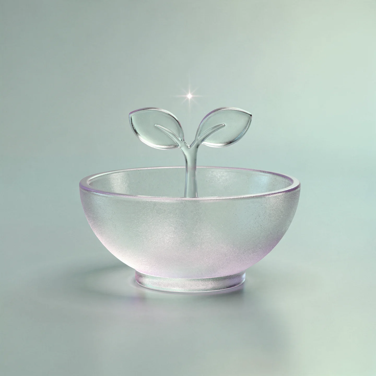 Holo-Glas-Icon: schützende Schale mit kleinem Keimling und Sternpunkt als Symbol für Fördern, Schutz und Wirkung.