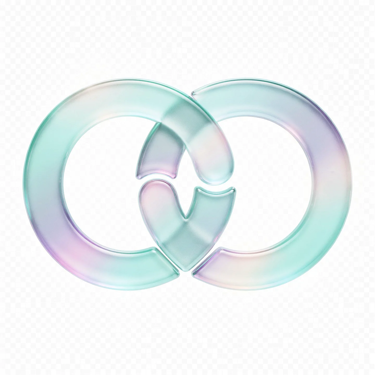 Holo-Glas-Icon: zwei verbundene Kreise mit kleiner Verbindungslinie als Symbol für Mitwirken und gemensame Praxis.