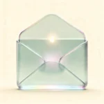 Holografisches Glas-Icon: offener Briefumschlag mit sanft schwebendem Leuchtpunkt als Symbol für ruhigen Kontakt (mint/teal, soft glow).