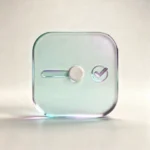 Holografisches Glas-Icon: Regler mit Haken als Symbol für klares Tempo und verlässliche Rahmen (mint/teal, soft glow).“