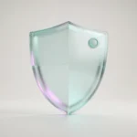 Holografisches Glas-Icon: Schild mit Info-Punkt als Symbol für Sicherheitshinweise (mint/teal, soft glow).