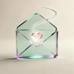 Holografisches Glas-Icon: offener Briefumschlag mit sanftem Leuchten als Symbol für Kontakt (mint/teal, soft glow).