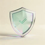 Holografisches Glas-Icon: Schild mit feiner Grenzlinie und kleinem Haken (mint/teal, soft glow).