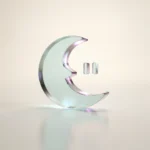 Holografisches Glas-Icon: Mondsichel mit Pause-Symbol als Zeichen für Ruhe und Rückzug (mint/teal, soft glow).