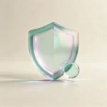 Holografisches Glas-Icon: Schild mit Info-Punkt als Symbol für Sicherheitshinweise (mint/teal, soft glow).