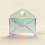 Holografisches Glas-Icon: offener Briefumschlag mit sanft schwebendem Leuchtpunkt als Symbol für ruhigen Kontakt (mint/teal, soft glow).