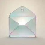 Holografisches Glas-Icon: offener Briefumschlag als Symbol für ruhigen Kontakt (mint/teal, soft glow).