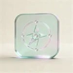 Holografisches Glas-Icon: Kompass in einem abgerundeten Rahmen mit drei kleinen Punkten als Symbol für Einordnung, sicheren Rahmen und verlässliche Wiederholung (mint/teal, soft glow).