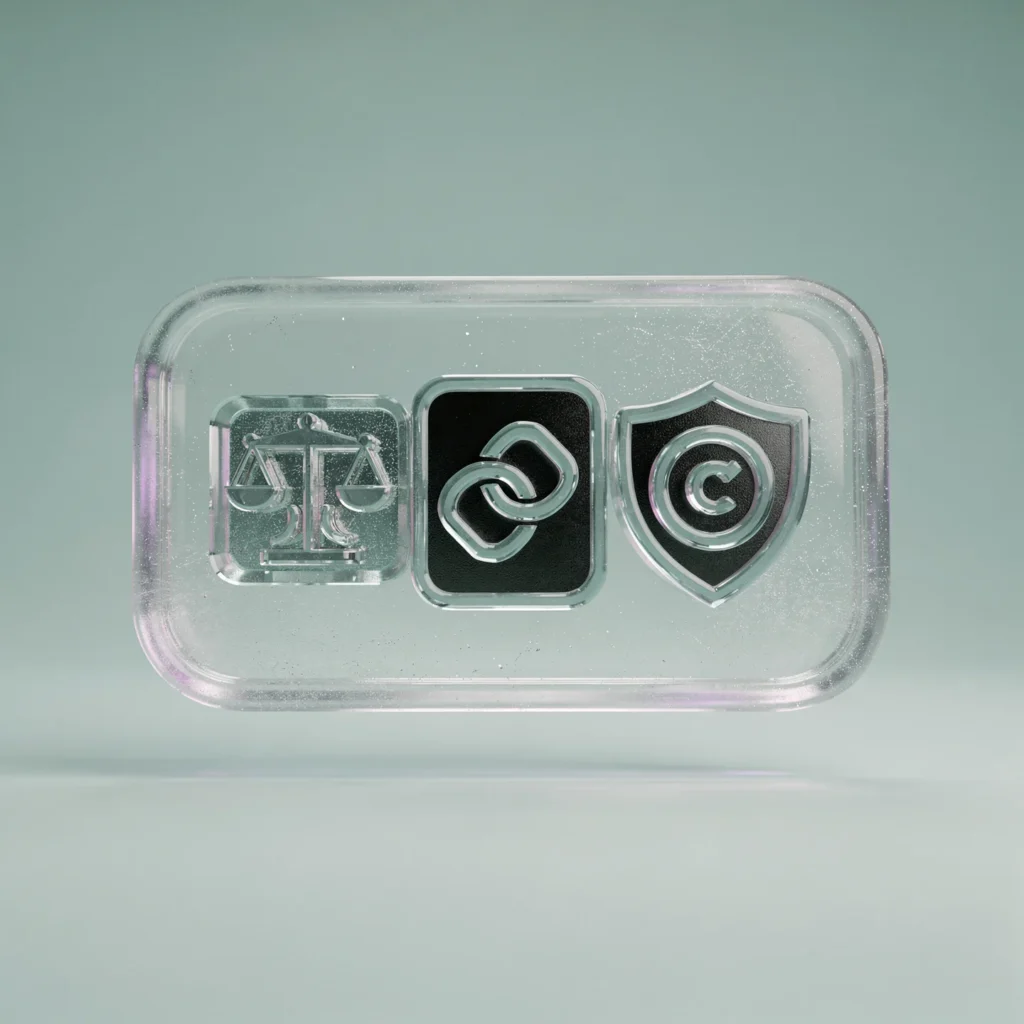 Holo-Icon: Drei verbundene Module als Symbol für Haftung, Links und Urheberrecht.