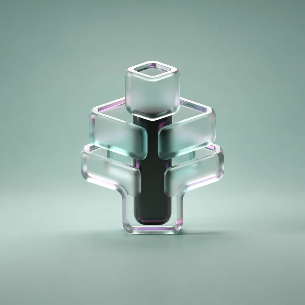 Holografisches mintfarbenes Glas-Icon mit ruhig aufsteigender modularer Form als Symbol für wachsende Wirkung aus lokaler Verbindung.