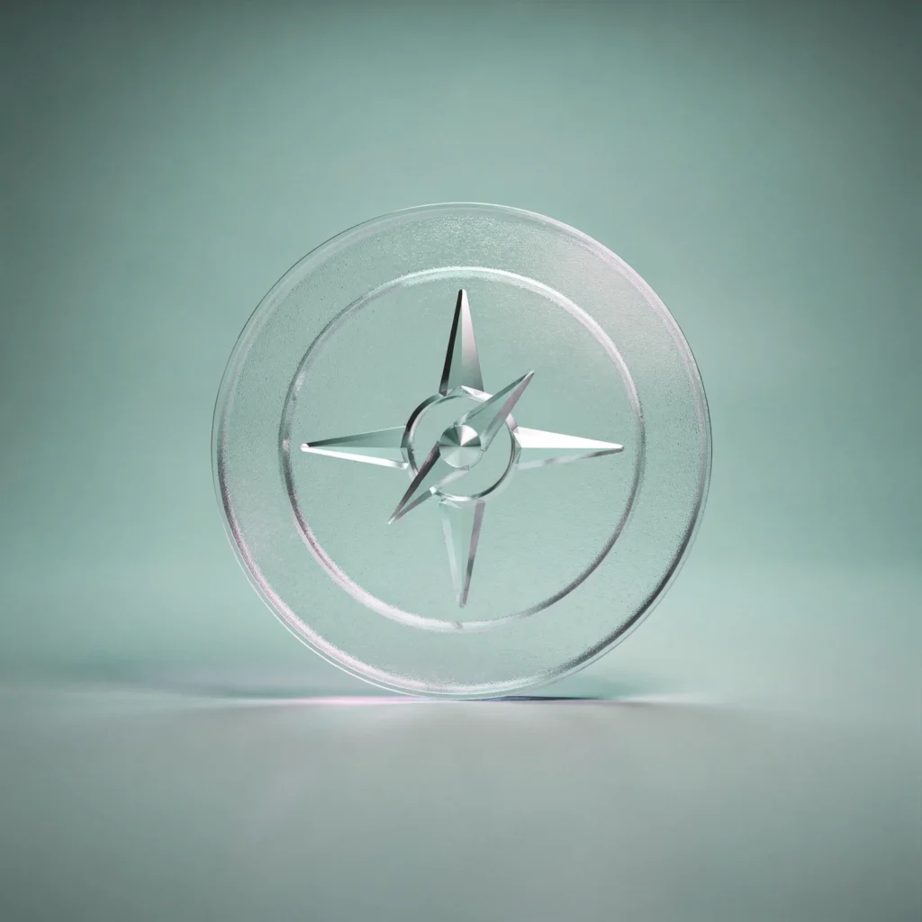 Holo-Icon: Glas-Kompassform als Symbol für Orientierung.