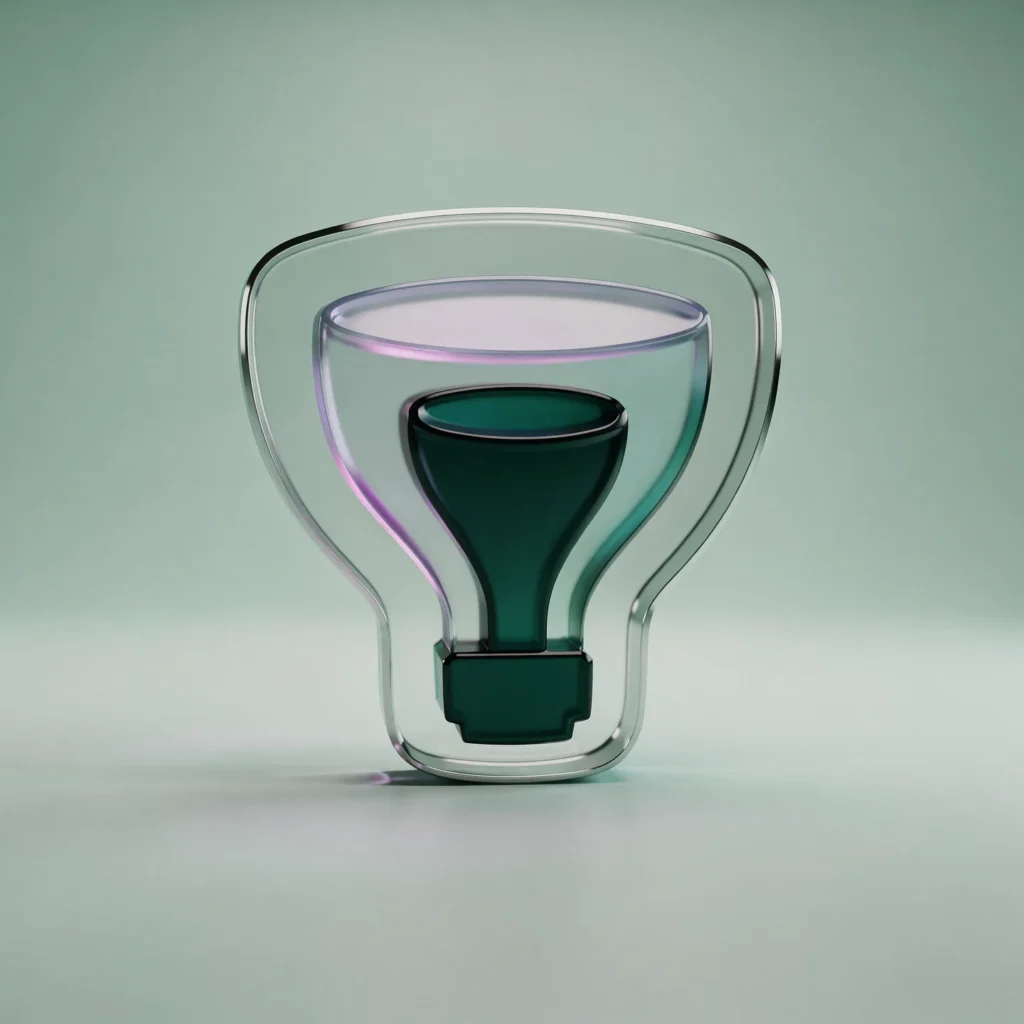 Mintfarbenes holografisches Glas-Icon mit sanft aufsteigendem inneren Element als Symbol für entstehende Wirkung.