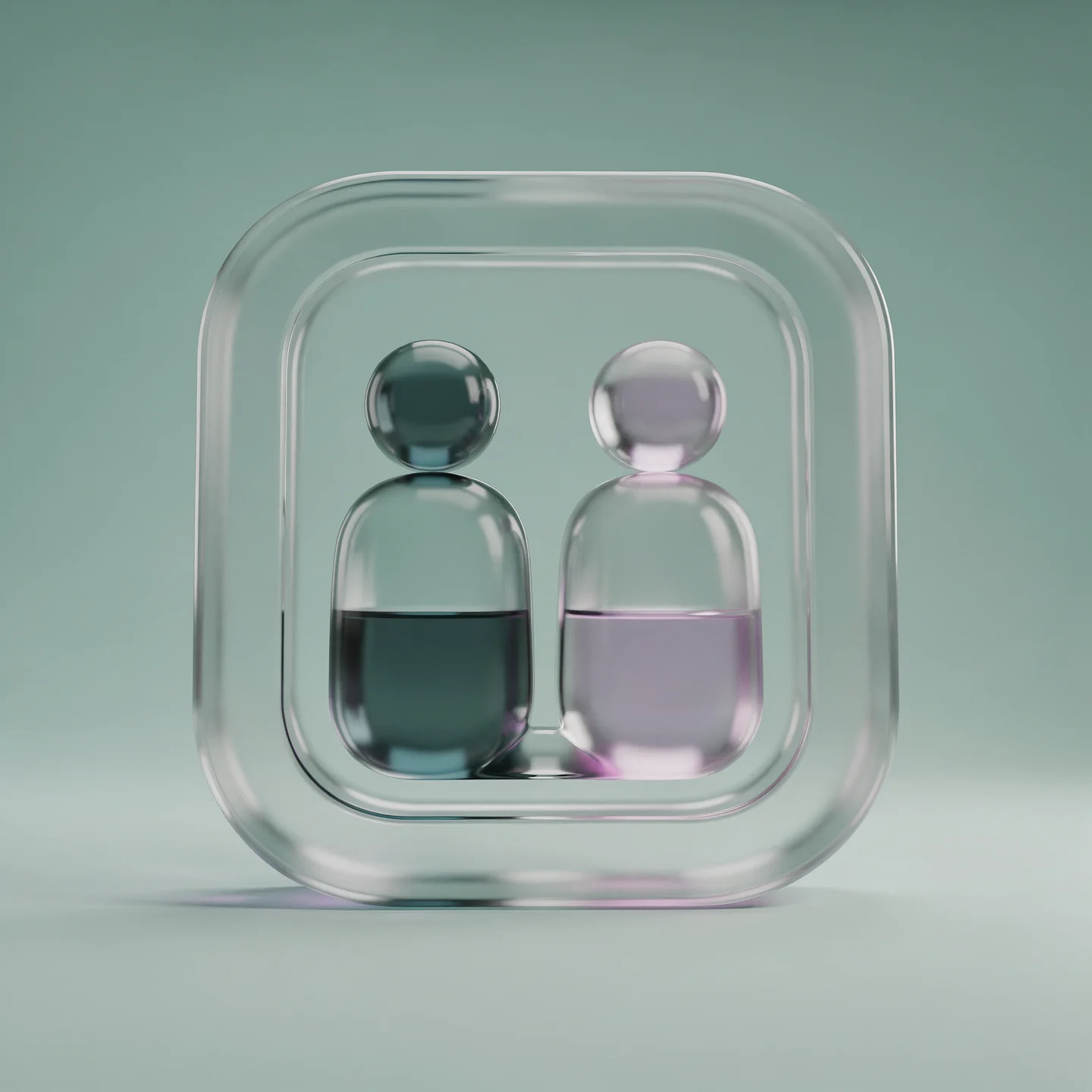 Holografisches mintfarbenes Glas-Icon mit ruhigem äußeren Rahmen und zwei verbundenen inneren Formen als Symbol für gegenseitige Verantwortung und achtsamen Umgang miteinander. Diese ist ei wichtiger Bestandteil von werte & Sicherheit im alltäglichen Leben.